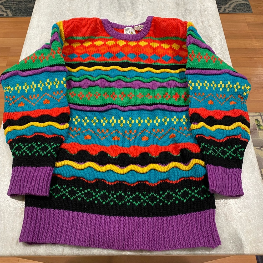 Crescendo Vintage Retro Knit Colorful Abstract 100% Wool Sweater, Size Small